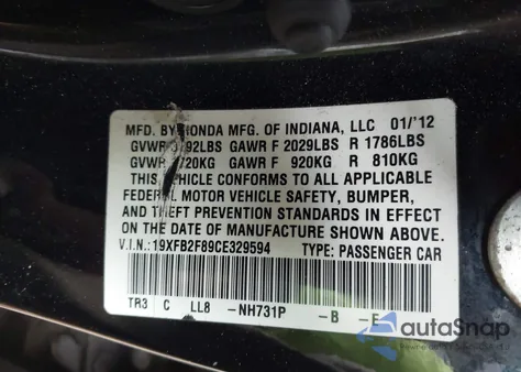 2012 Honda Civic Ex z USA, uszkodzony, nr VIN 19XFB2F89CE329594